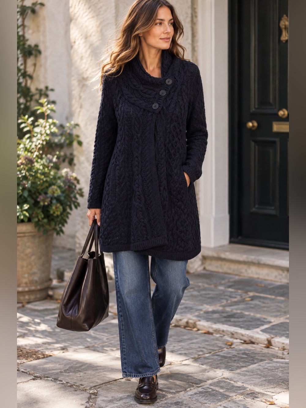 Aran Crafts Ireland 100% Merino Wool Cable Knit Long Sweater Coat Navy S